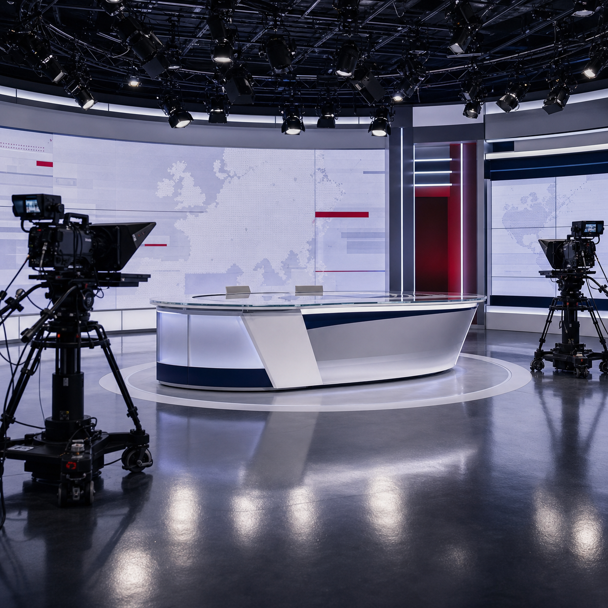 Studio televisivo vuoto con desk centrale, telecamere e grandi schermi senza loghi